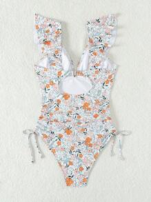 SHEIN Swim Ruffled One-Piece Swimsuit With Drawstring And Pleats, Ditsy Floral Print Summer - Multicolor - View 6