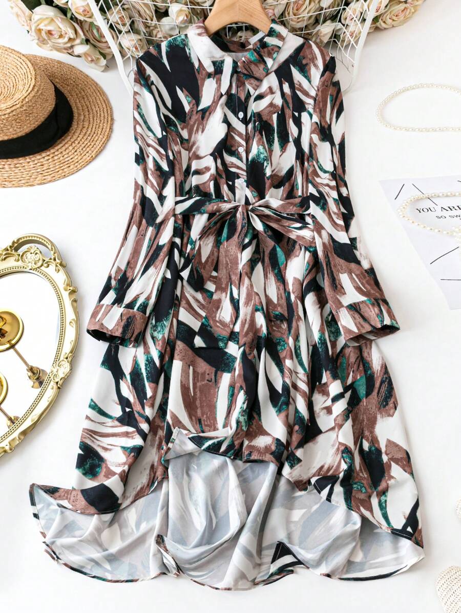 SHEIN LUNE Plus Size Women's Belted Shirt Dress With All-Over Print - Multicolor - View 1