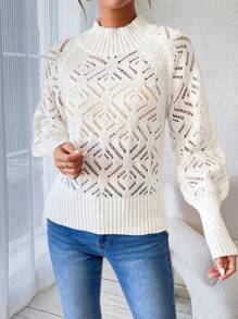 SHEIN LUNE Zipper Lantern Sleeve Hollow Out Knitted Sweater  Fall Winter Outfit - White - View 1