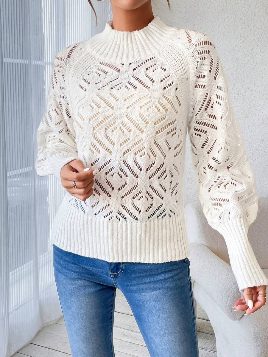 SHEIN LUNE Zipper Lantern Sleeve Hollow Out Knitted Sweater  Fall Winter Outfit - White - View 1