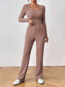 SHEIN Frenchy Square Neck Long Sleeve T-shirt And Bell-bottomed Pants - Pink - View 5