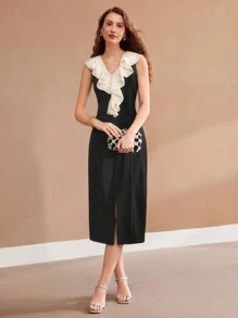 MOTF PREMIUM 编织女式撞色荷叶边开衩下摆连衣裙，情人节装 - 黑色 - 查看 6