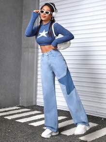 SHEIN EZwear 女士星星圖案牛仔褲 - 中等水洗藍 - 查看 1