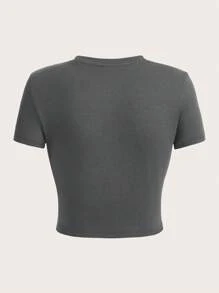 SHEIN EZwear 夏季女士短袖貼身T恤，帶棕櫚樹印花，常規版型 - 深灰色 - 查看 2