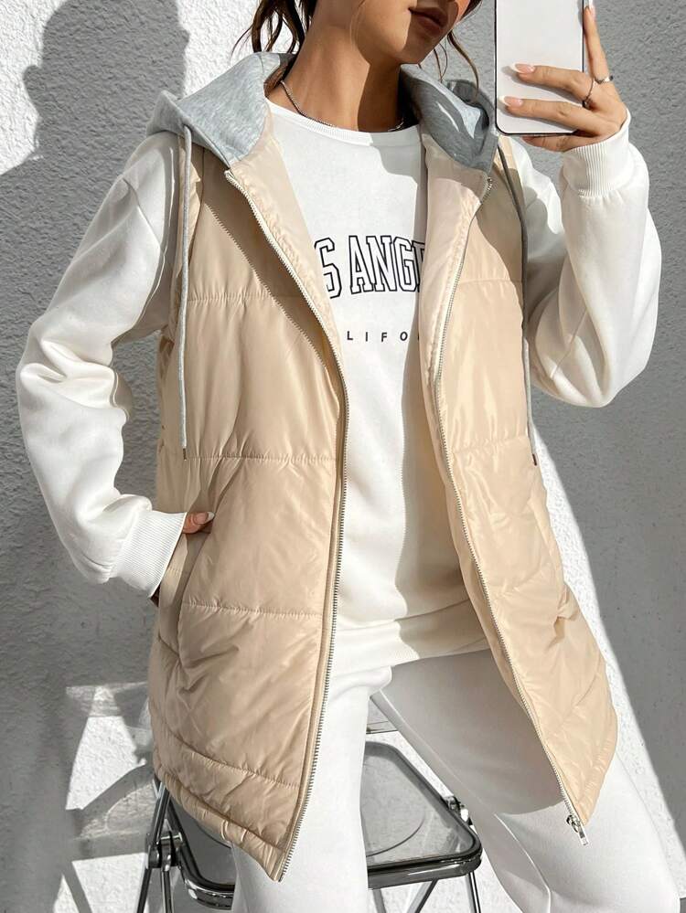 Colorblock Hooded Zipper Closure Sleeveless Puffer Vest, Padded