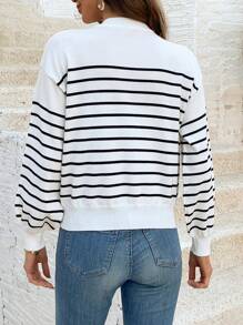 SHEIN Frenchy 女士條紋圓領長袖開衫 - 杏色 - 查看 2