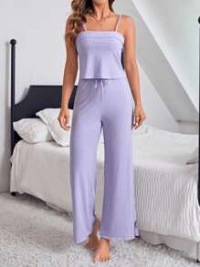 纯色休闲吊带背心和开衩裤家居服套装 - 紫色 - 查看 7