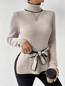 SHEIN LUNE 優雅的女士色彩對比邊緣毛衣 - 杏色 - 查看 3