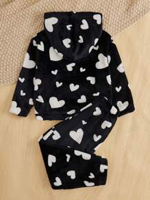 SHEIN Little Girls' Heart Plush Pocket Hoodie And Long Pants 2pcs Casual Set - Black and White - View 2