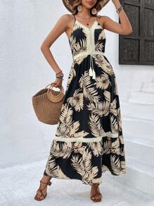 Breezaya Tropical Printed Fringe Decorated Spaghetti Strap Dress - Multicolor - View 6