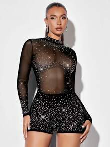 SHEIN BAE Mameluco De Manga Larga Brillante Con Decoración De Diamantes De Imitación Para Mujer Para Estilo De Calle - Negro - Ver 4