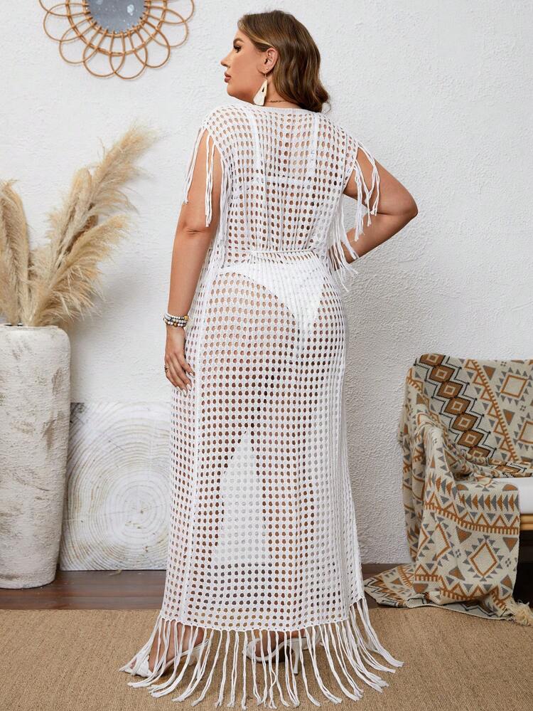 Plus Size Women's One-Piece Fringe Detail Tie-Front Kimono Summer