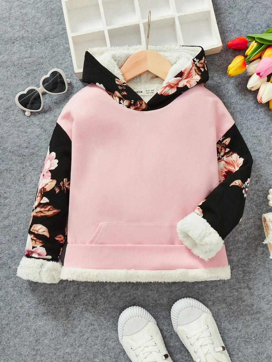 SHEIN 少女宽松针织撞色花卉图案卫衣，休闲款 - 粉色 - 查看 1