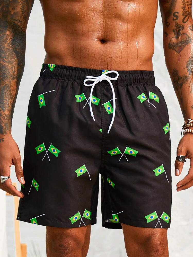 Men's Flag Print Drawstring Waist Beach Shorts