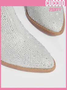 Botas occidentales con tacón ancho y decoración de rhinestones para mujer, ideal para el Día de San Valentín - Plateado - Ver 6
