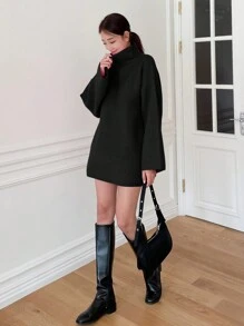 DAZY High Neck Drop Shoulder Sleeve Sweater,Long Sleeve Tops Fall - Black - View 3