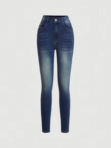 SHEIN MOD 拉鏈門襟緊身牛仔褲 - 深色水洗藍 - 查看 2