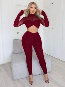 SHEIN SXY Mesh Panel Velvet Cropped Top And Pants Two Piece Set - Red - View 3