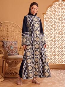 Al Najma 几何图案立领荷叶边袖 Jalabiya 连衣裙，朴素的长袍