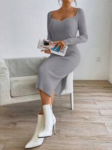 SHEIN Privé Solid Color Knitted Dress With Sweetheart Neck And High Slit - Grey - View 3
