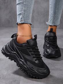 Sporty Front Chunky Sneakers For Women,,Two Tone Graphic Lace-up Platform Shoes Black Shoes Lightweight Breathable Comfortable Outdoor Sports Shoes For Women