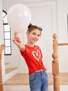 少女心形图案圆领扭结宽松休闲T恤（母女装，两件分开出售） - 紅色 - 查看 6