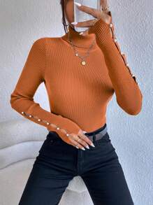 SHEIN Privé Women's Turtleneck Ribbed Texture Long Sleeve Sweater - Orange - View 3