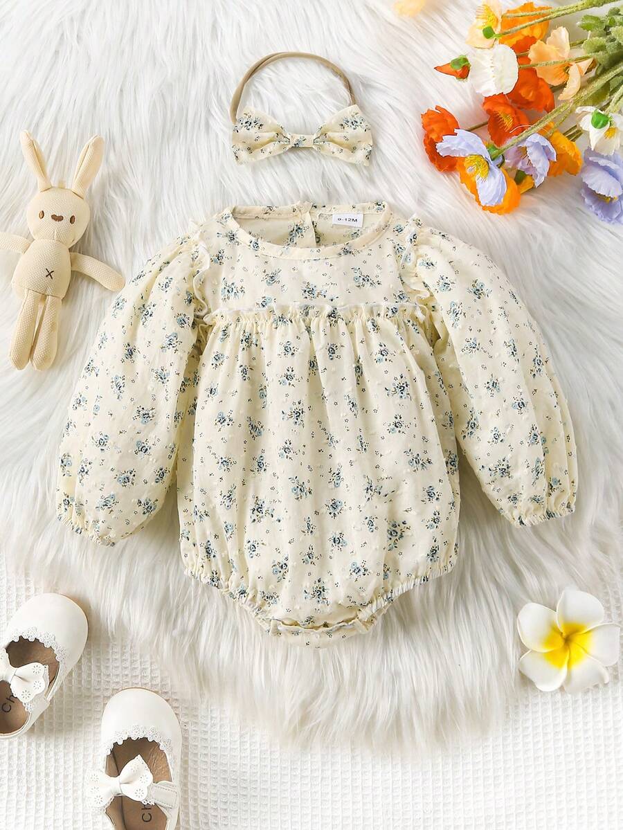 Infant Girls' Floral Pattern Back Buttoned Bodysuit With Headband 2pcs/Set