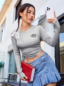 SHEIN EZwear Áo thun dài tay in chữ có dây rút viền bất đối xứng - Xám - Xem 3