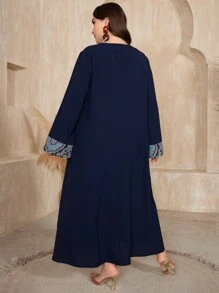 Al Najma Plus Size Floral Print V-Neck Long Sleeve Dress Kaftan Jalabiya Dress - Blue - View 2