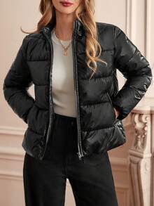 SHEIN Frenchy Short Women's Padded Coat With Stand-Up Collar In Shiny Winter Fabric With Side Pockets - Black - View 6