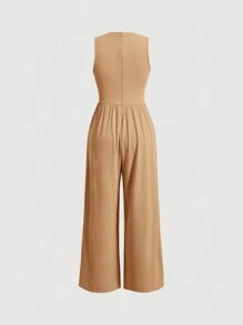 SHEIN MOD Casual Sleeveless Solid Color Jumpsuit - Khaki - View 2