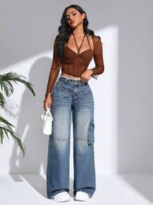 SHEIN Pantalones Cargo De Mezclilla Para Mujer Con Bolsillos - Lavado ligero - Ver 6