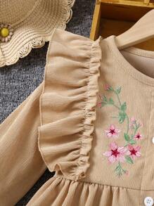 SHEIN 女童小花卉刺繡裙,單排釦扣設計,褶邊下擺 - 杏色 - 查看 5