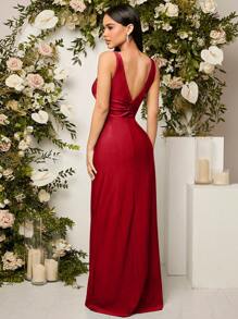 SHEIN Belle Burgundy Red Deep V-Neck Sleeveless Bridesmaid Dress With Waist Knot Detail, Wedding Guest Dress Party Dress Formal Dress Evening Dress,Gown