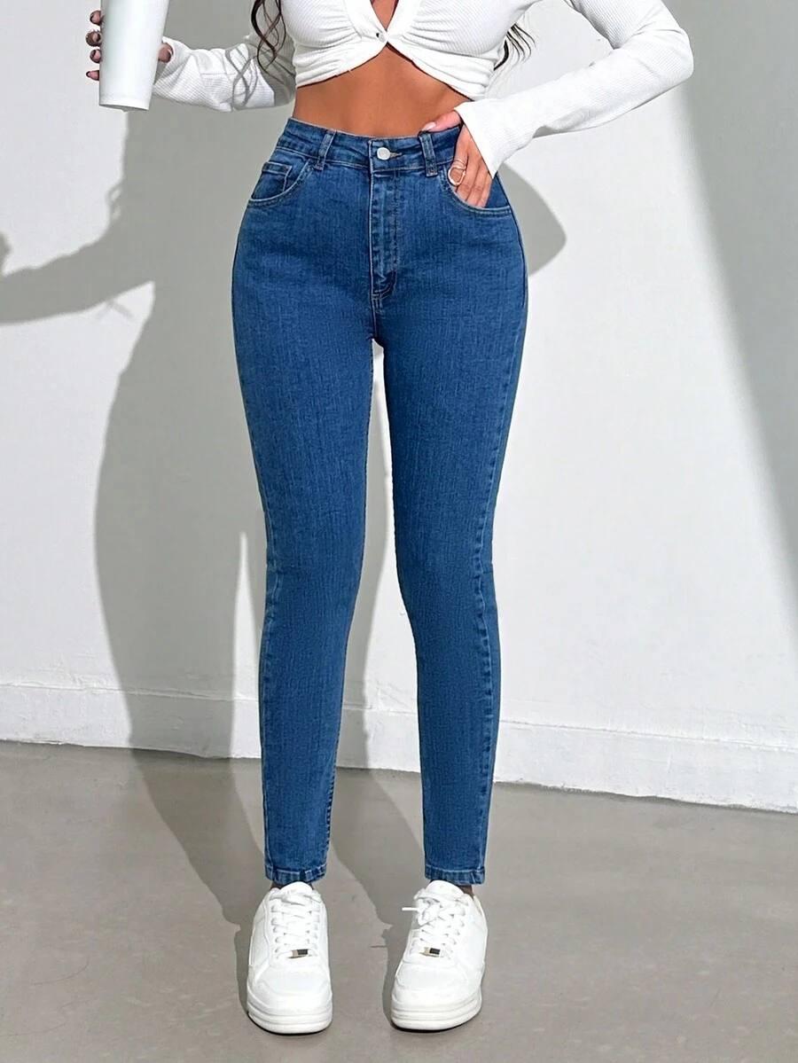 SHEIN Cottnline 女式修身牛仔褲 - 中等水洗藍 - 查看 1