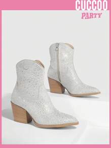 Botas occidentales con tacón ancho y decoración de rhinestones para mujer, ideal para el Día de San Valentín - Plateado - Ver 4