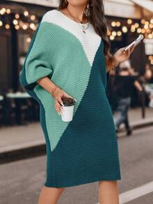 Calvaya Plus Size Color Block Batwing Sleeve Sweater Dress - Multicolor - View 6