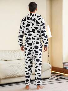 男士奶牛印花連帽跳躍裝,適用於家居/休閒 - 黑與白 - 查看 2