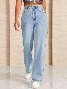 Straight Leg Jeans With Raw Hem Edge - Light Wash - View 4