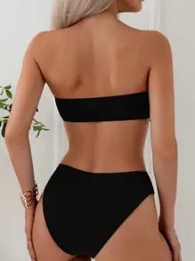SHEIN Swim 夏日海滩贝壳边褶皱抹胸比基尼套装婚礼 - 黑色 - 查看 2