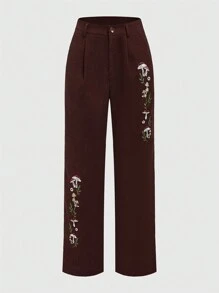 ROMWE Fairycore Mushroom Embroidery Corduroy Pants - Brown - View 1