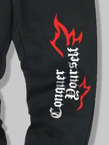 ROMWE MEN Street Life 男款骷髏印花帶標語帽衫和運動長褲,2入組 - 卡其色 - 查看 6