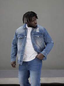 Manfinity Homme Nam Kích thước lớn Denim mùa giặt Rách Áo khoác denim - Màu xanh lam - Xem 4