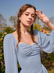 SHEIN MOD 女性綁帶領口蓬蓬袖奶媽裝連衣裙