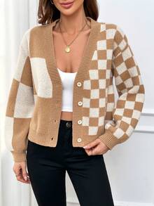 SHEIN Essnce Button Up Plaid Cardigan - Camel - View 6