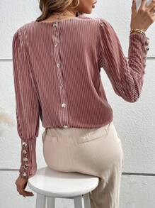Chiquease Camisa De Cuello Redondo Con Botones Traseros Para Mujer - Rosa - Ver 2