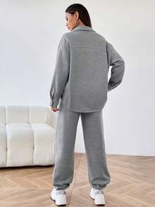 Muchica Textured Patchwork Buttoned Jacket And Pants Set - Grey - View 2