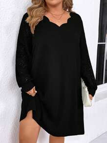 SHEIN LUNE Plus Size Lace Lantern Sleeve Dress With Scallop Hem Detail - Black - View 1