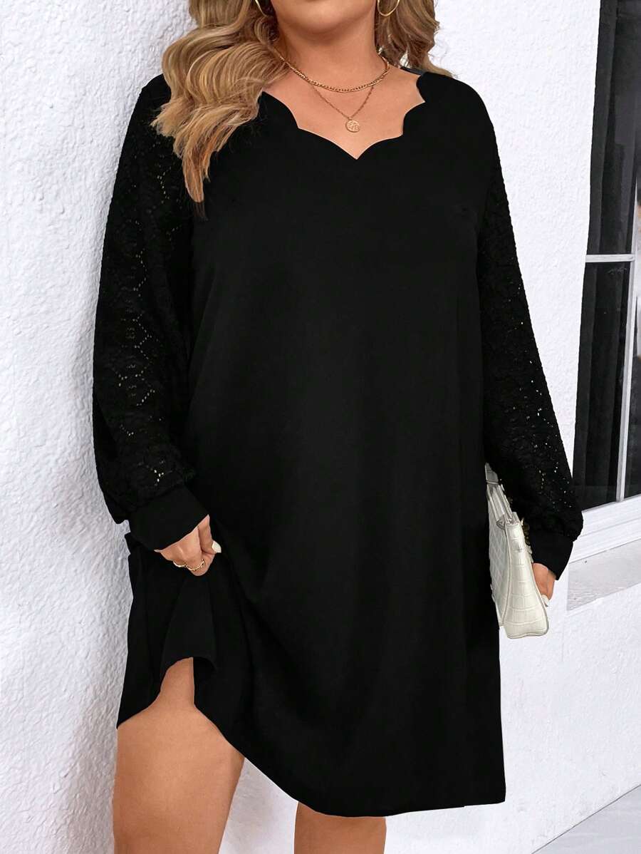 SHEIN LUNE Plus Size Lace Lantern Sleeve Dress With Scallop Hem Detail - Black - View 1